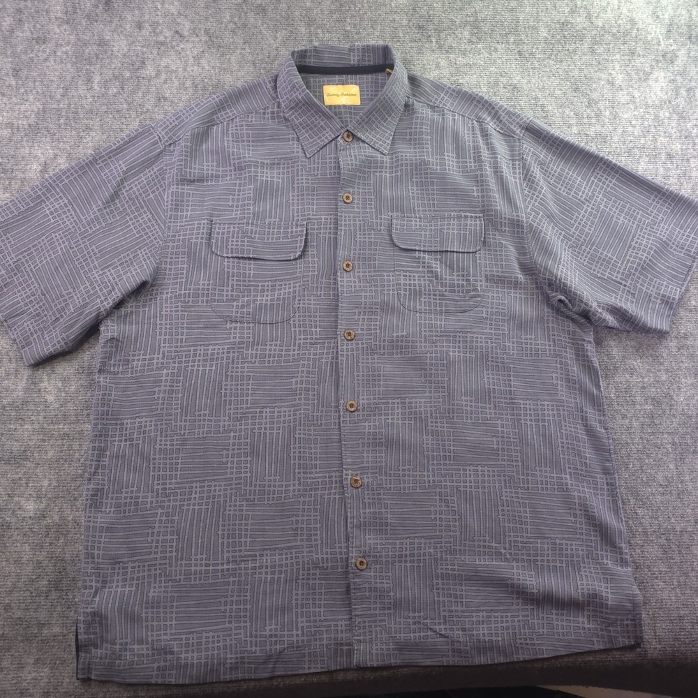 Tommy Bahama Shirt XL Gray Geometric Silk Short‎ Sleeve Button Up Hawaiian